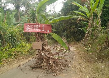 Jalan Cilaksana Rusak Parah, Warga Tutup Akses Jalan Dengan Pohon Pisang dan Ranting