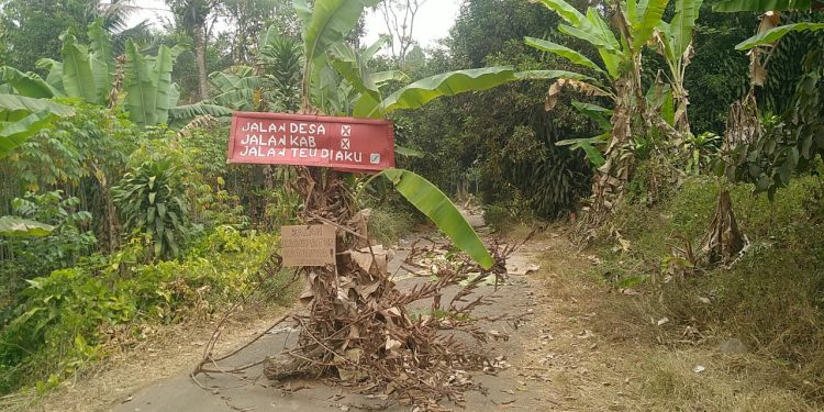 Jalan Cilaksana Rusak Parah, Warga Tutup Akses Jalan Dengan Pohon Pisang dan Ranting