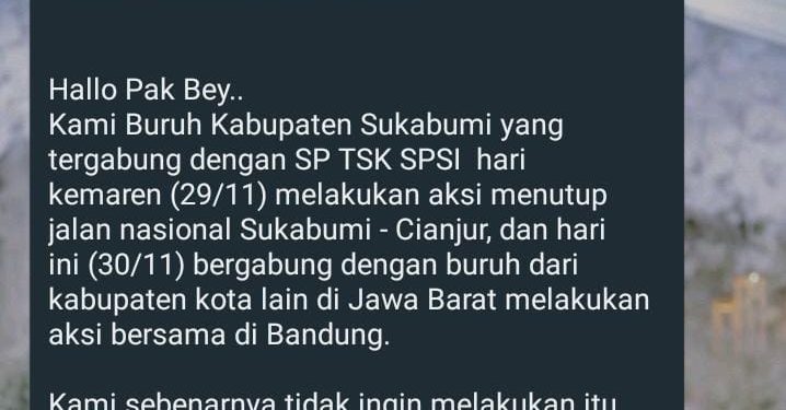 Beredar Sebuah Surat Terbuka Untuk PJ Gubernur Jabar, Dari Serikat Buruh Sukabumi