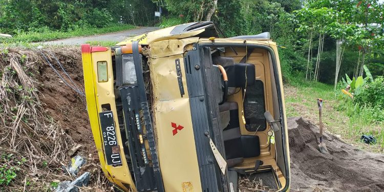Diduga Rem Blong, Truk Bermuatan Pasir Terjun Bebas Ke Sawah Milik Warga